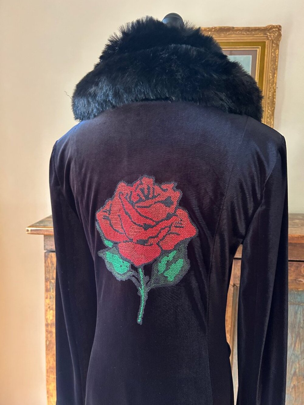 Vintage Betsey Johnson Rose Black Velvet Duster Coat - Picture 3 of 13